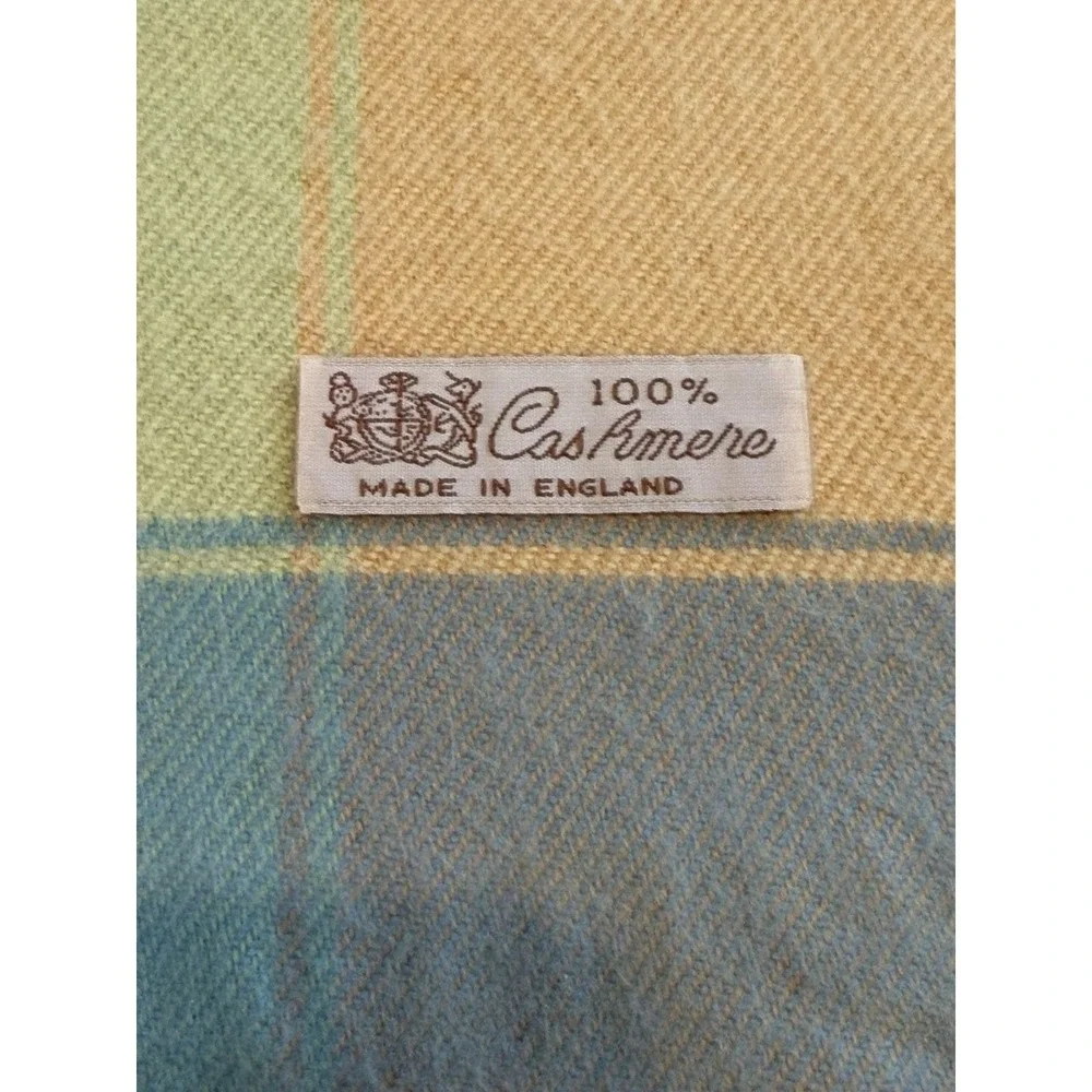 Vintage English Cashmere Scarf Plaid Pastel Blue Yellow Preppy Quiet Luxury